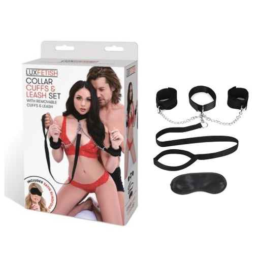 Lux Fetish Collar Cuffs and Leash Set with Removable Soft Plush Lined Cuffs and Adjustable Collar in Black Secondary image