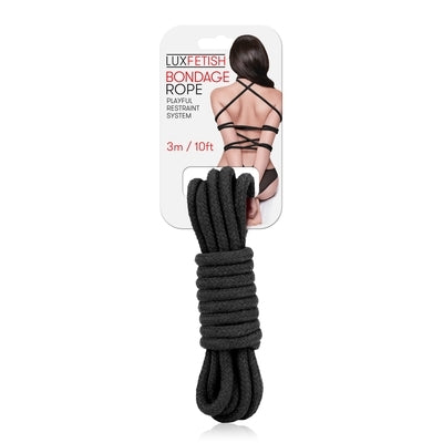 Lux Fetish Bondage Rope 3 Meter 10 Feet Soft Cotton Black Black Rope