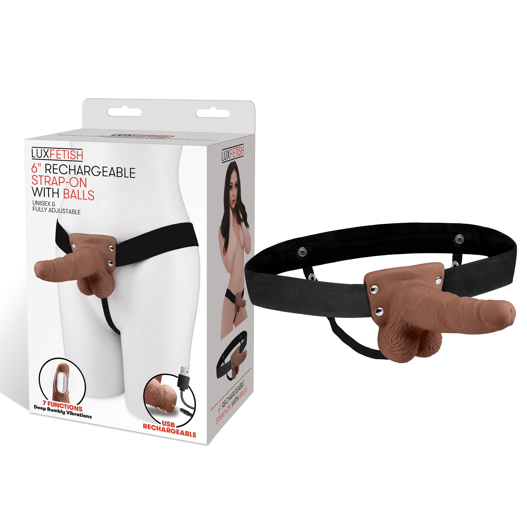 Lux Fetish 6 Inch Strap-On With Balls Brown Realistic Vibrating Harness Default Title > Dildos > Strap On Harnesses
