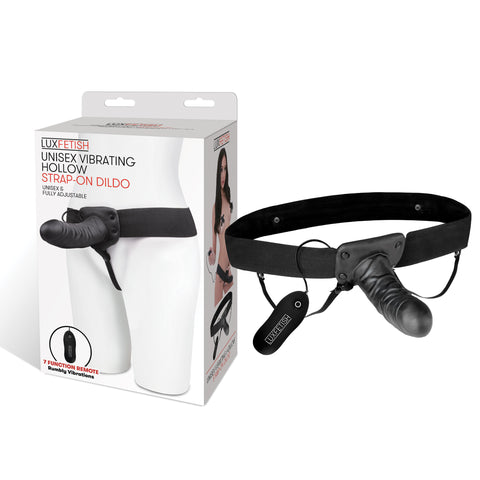 Lux Fetish Unisex Black Vibrating Hollow Strap-On Dildo with Adjustable Elastic Waistband and 7 Vibration Modes Default Title STRAP-ONS