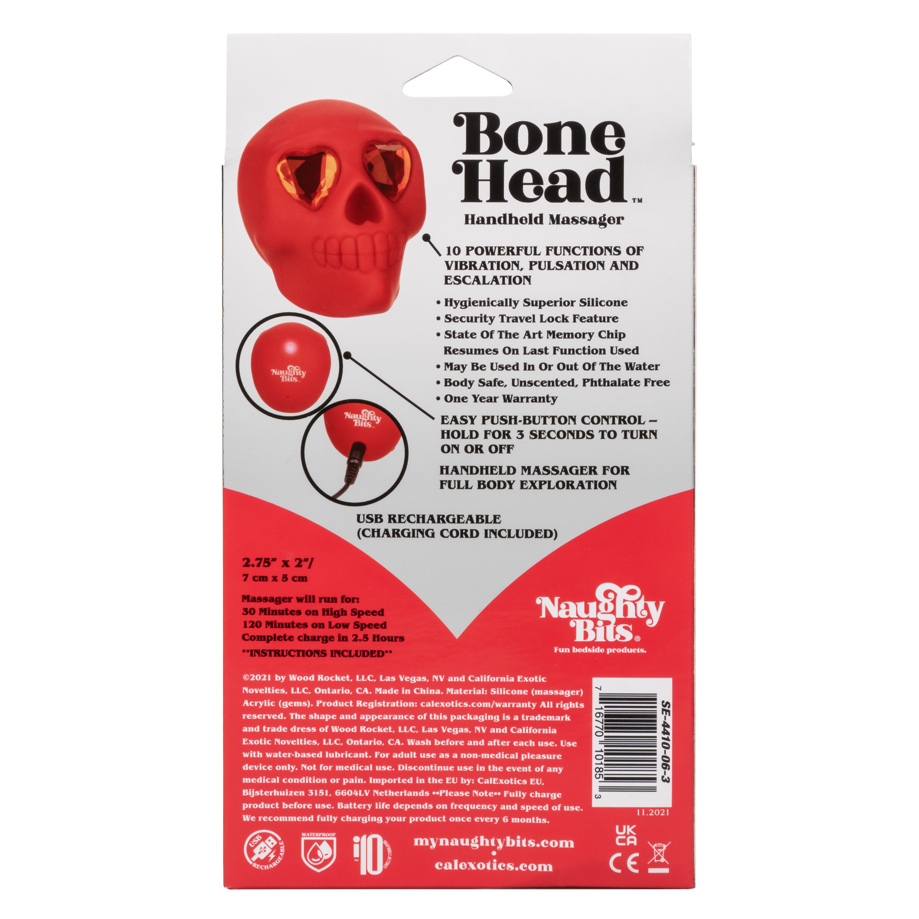 Naughty Bits Bone Head Handheld Massager Red Silicone with 10 Vibration Functions Waterproof Rechargeable > Vibrators > Standard Vibrators
