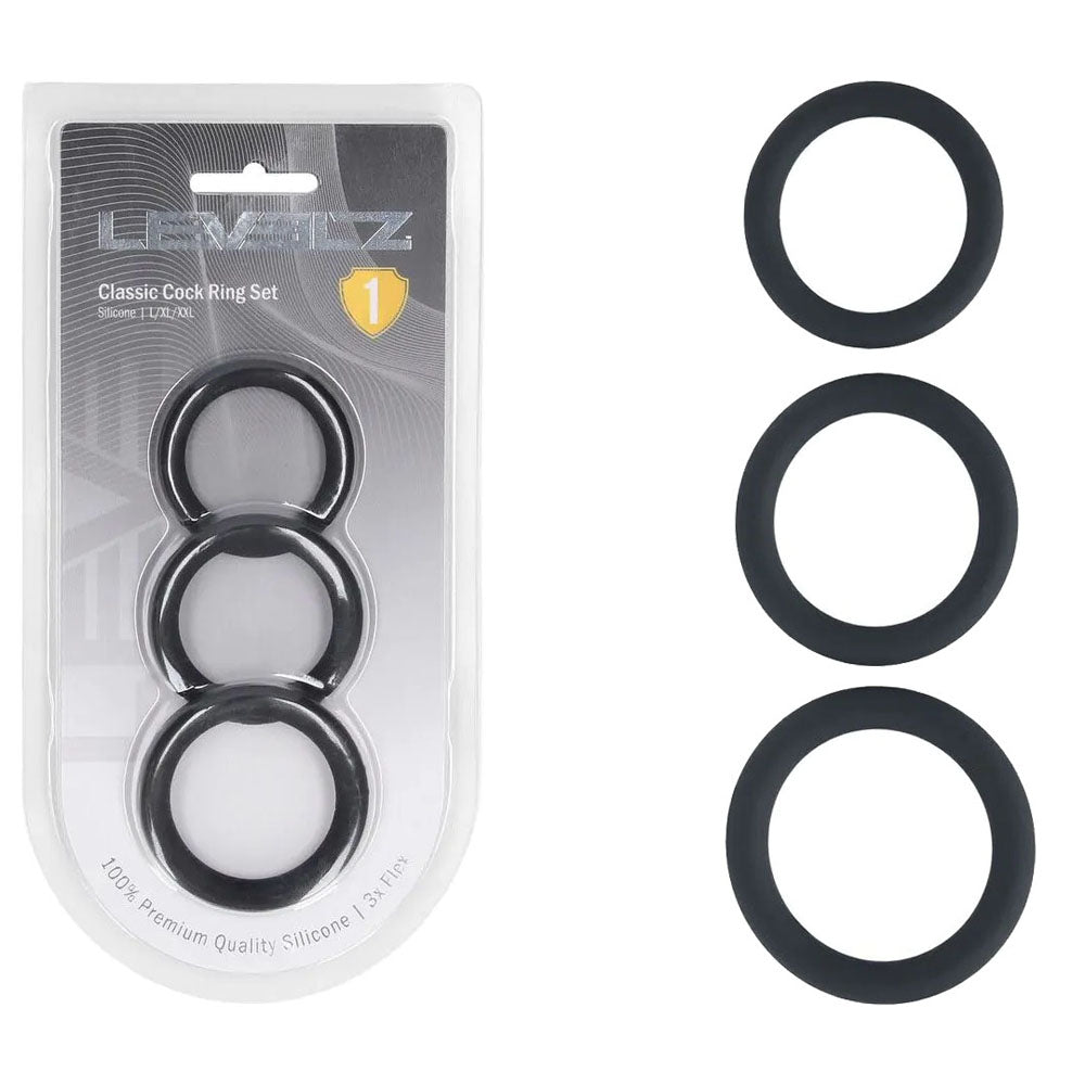 Levelz Classic Silicone Cock Ring Set Large Extra Large XXL – Body-Safe Silicone Cock Rings Set of 3 Sizes Black > Cock Ring > Sets Main image