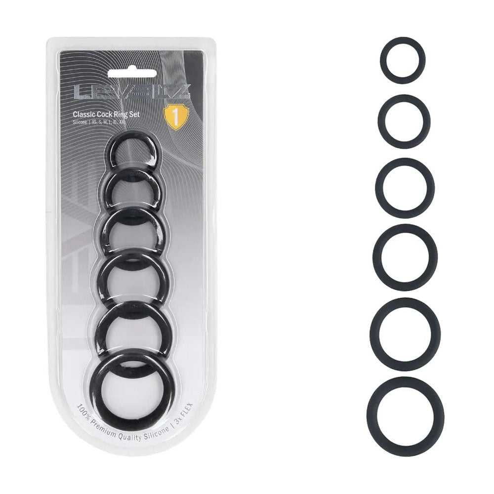 Levelz Classic Silicone Cock Ring Set (6 Sizes) – Body-Safe Silicone Cock Rings Set Black COCK RING Set