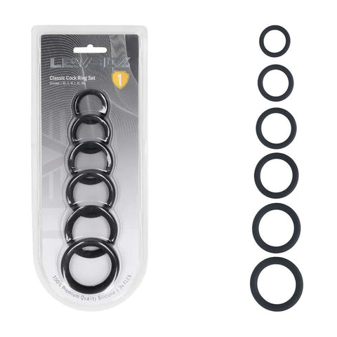 Levelz Classic Silicone Cock Ring Set (6 Sizes) – Body-Safe Silicone Cock Rings Set Black COCK RING Set