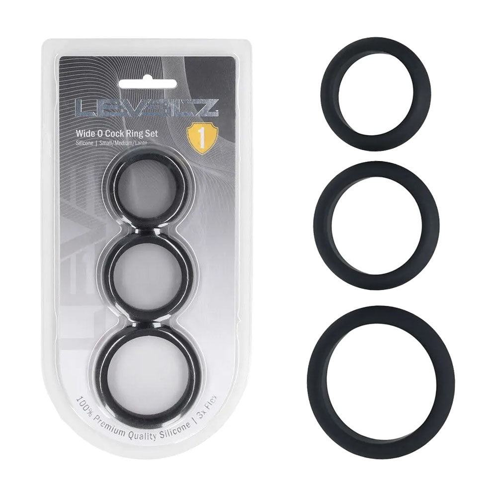 Levelz Wide O Silicone Cock Ring Set of Three Sizes S, M, L – Body-Safe Silicone Cock Rings Set Black COCK RING Set
