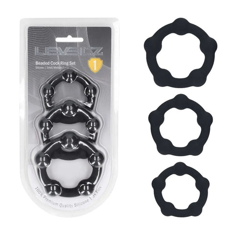 Levelz Beaded Silicone Cock Ring Set of 3 Sizes – Body-Safe Silicone Cock Rings Black COCK RING Set