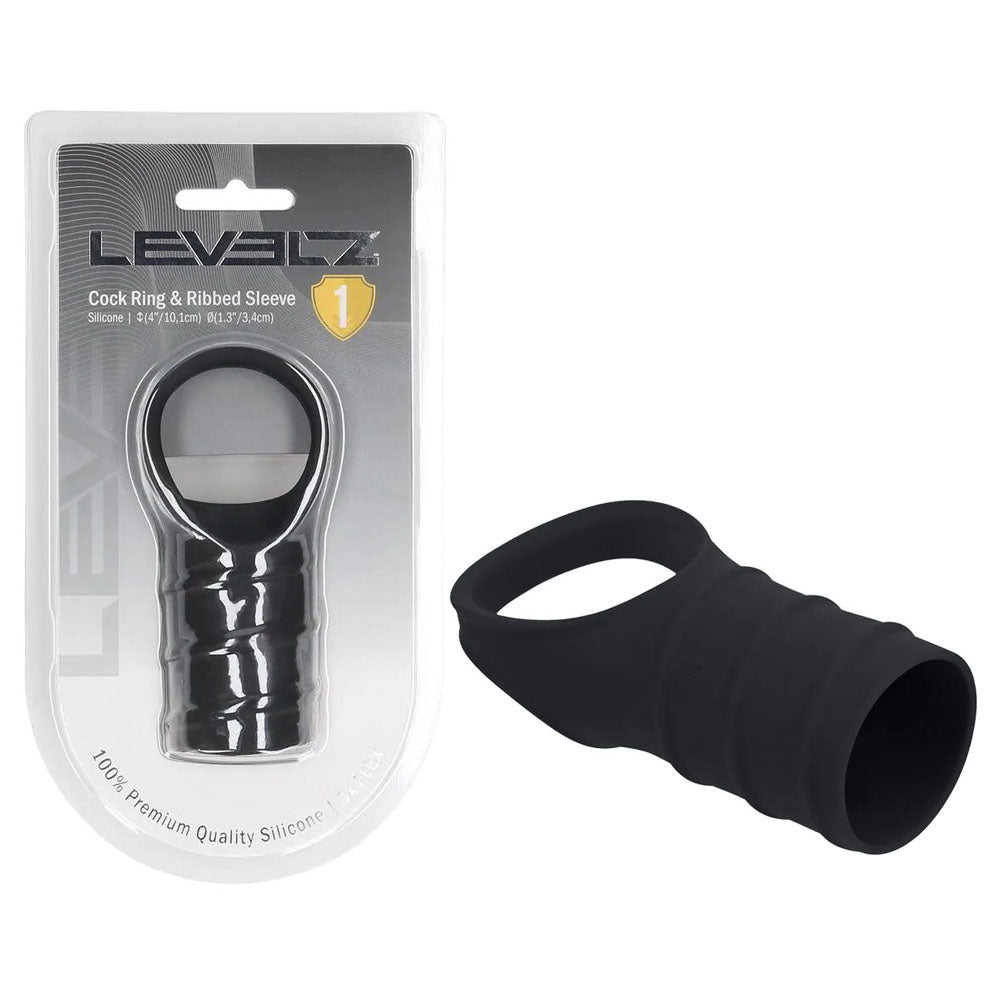 LEVELZ Silicone Cock Ring and Ribbed Sleeve – Body-Safe Silicone Cock Ring with Sleeve Black > Sex Toys For Men > Penis Sleeves Main image