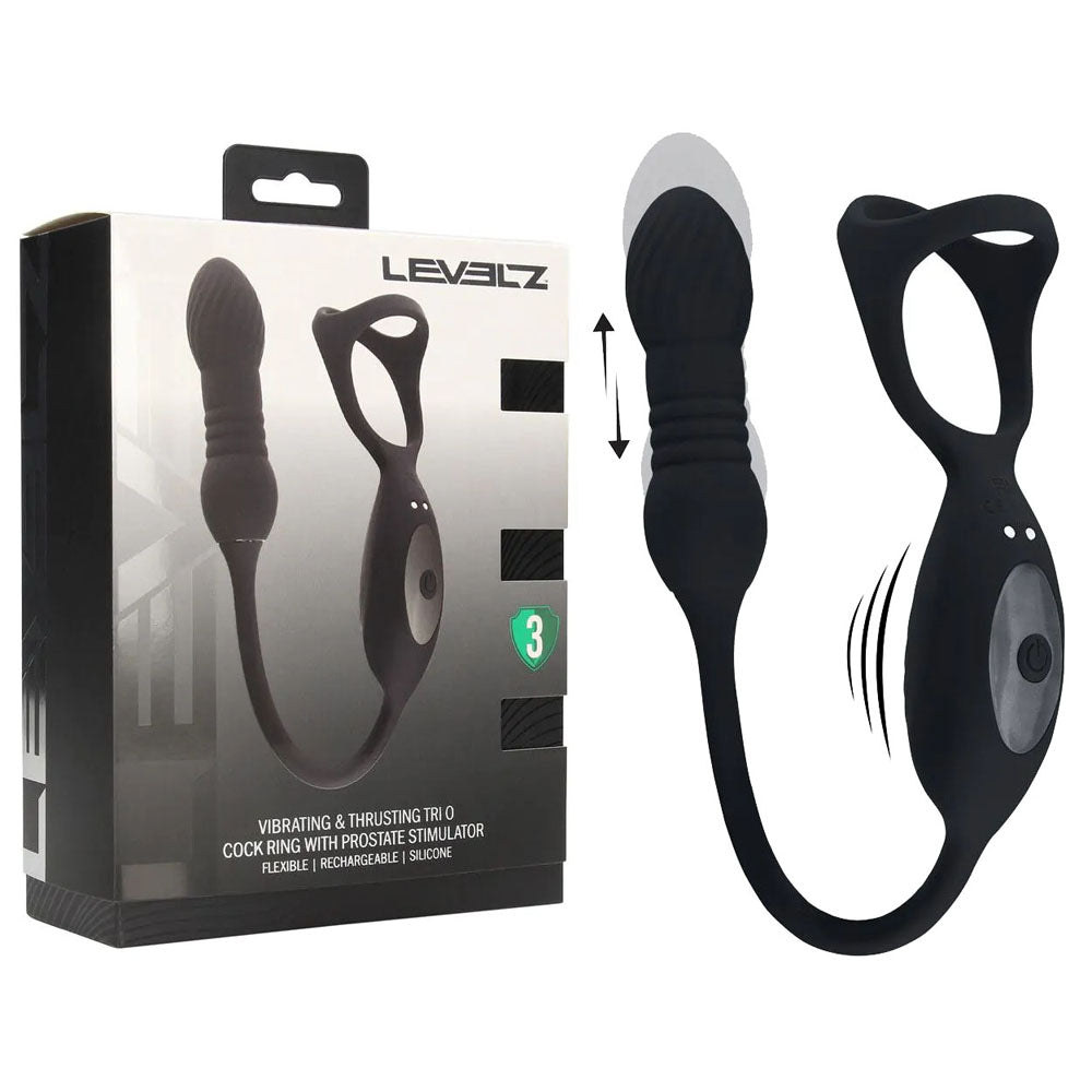LEVELZ TriO (Black) – USB Rechargeable Vibrating and Thrusting Cock Ring with Prostate Stimulator Black > Anal Range > Prostate Plugs Main image