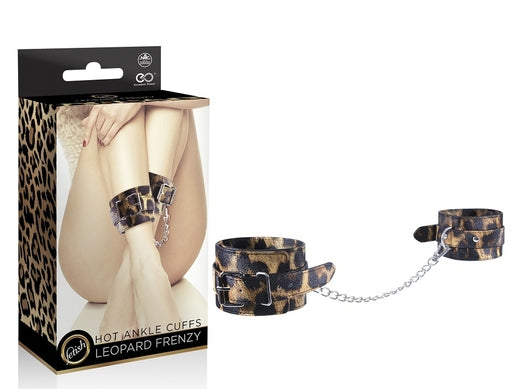 Leopard Frenzy Adjustable Ankle Cuffs with D-Ring and Chain 8.3" to 12.6" Circumference, 2.3" Width