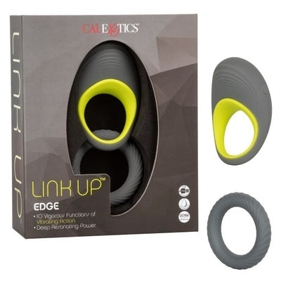 Link Up Edge Dual Stimulating Vibration Ring with Ultra-Soft Silicone Support Ring and Ribbed Texture in Gray and Yellow Cock Rings Vibrating