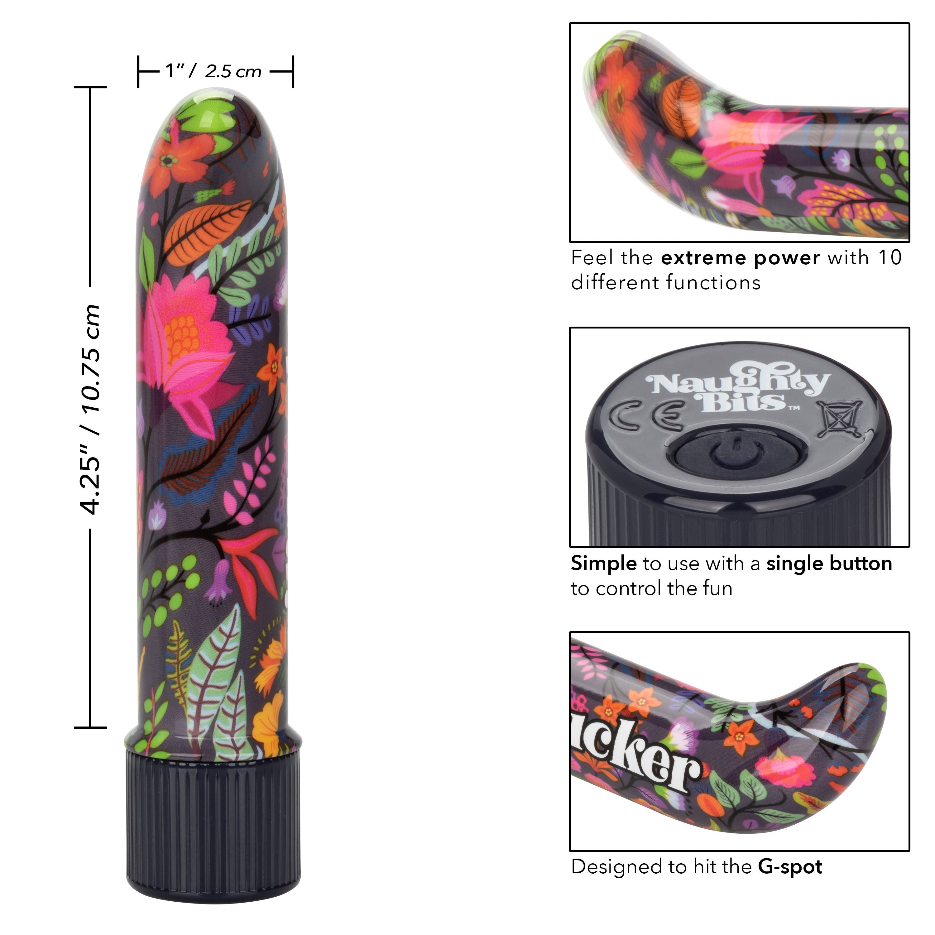 Naughty Bits Lil' Fucker Mini G-Spot Vibrator 4.25 Inch Waterproof with Floral Design Multi BULLETS