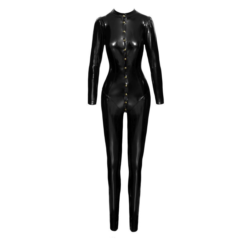 Long Button-Up PVC Overall Lingerie With Curved Seam Design Secondary image