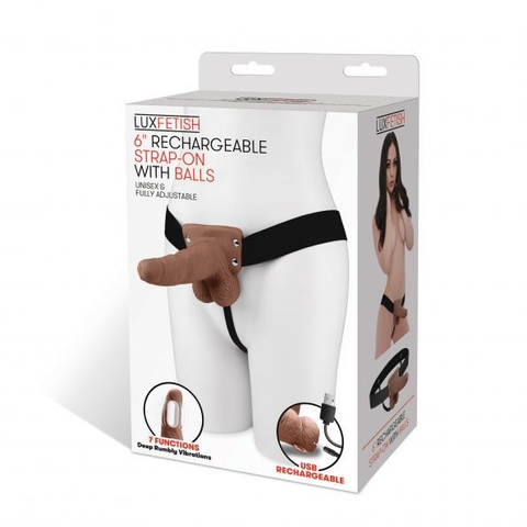 Lux Fetish 6 Inch Strap-On With Balls Brown Realistic Vibrating Harness STRAP-ONS
