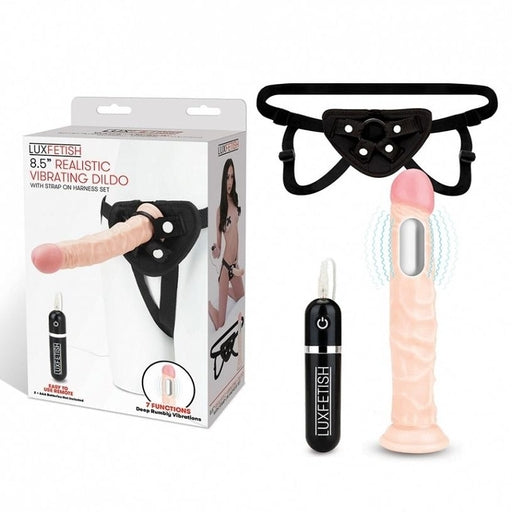 Lux Fetish 8.5 Inch Realistic Vibrating Dildo and Black Strap-On Harness Set STRAP-ONS