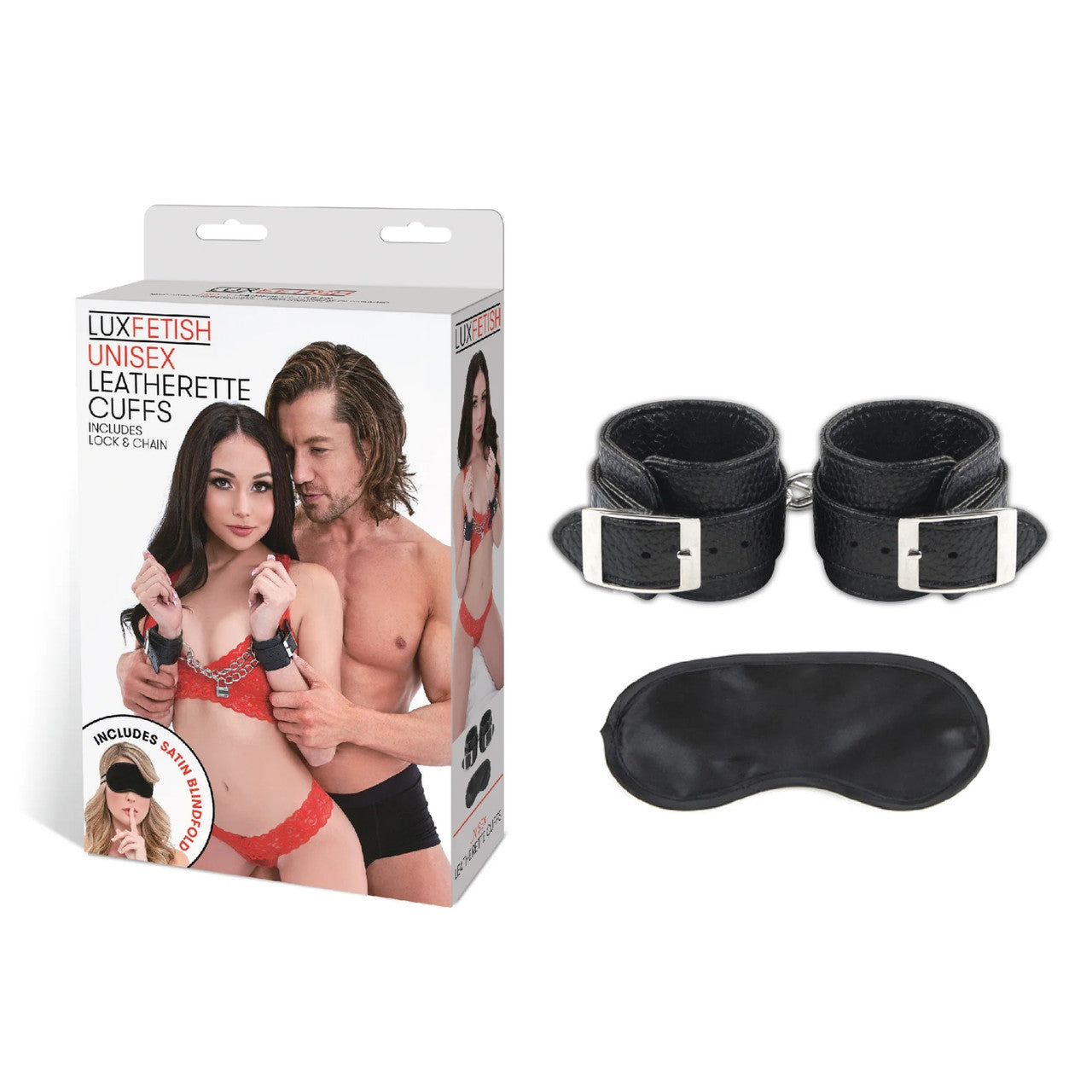 Lux Fetish Unisex Black Leatherette Cuffs with Lock, Chain, and Satin Blindfold