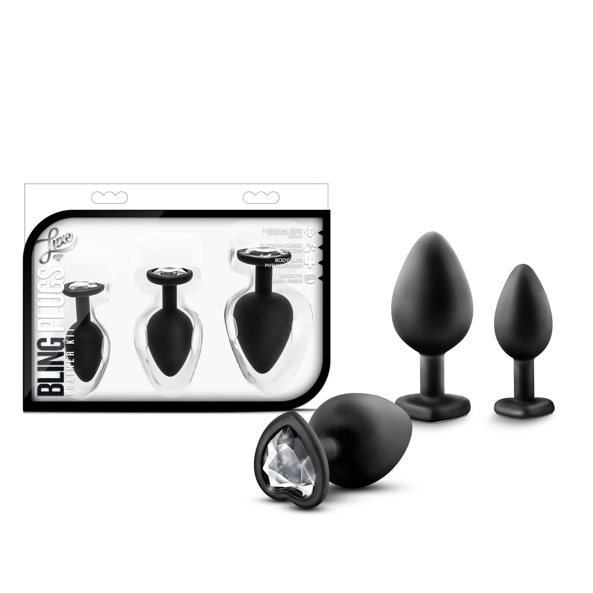 Luxe Bling Plugs Training Kit Black With Clear Gems - 3 Sizes > Anal Range > Butt Plug Kits Main image