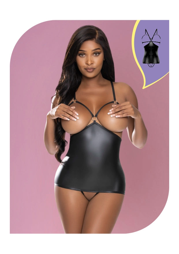 Exposed Lingerie Matte Onyx Cupless Chemise with Attached Crotchless Panty in Size Medium