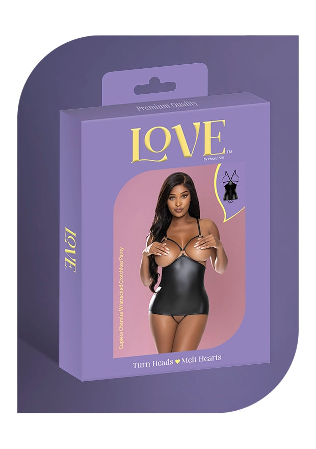Exposed Lingerie Matte Onyx Cupless Chemise with Attached Crotchless Panty in Size Medium