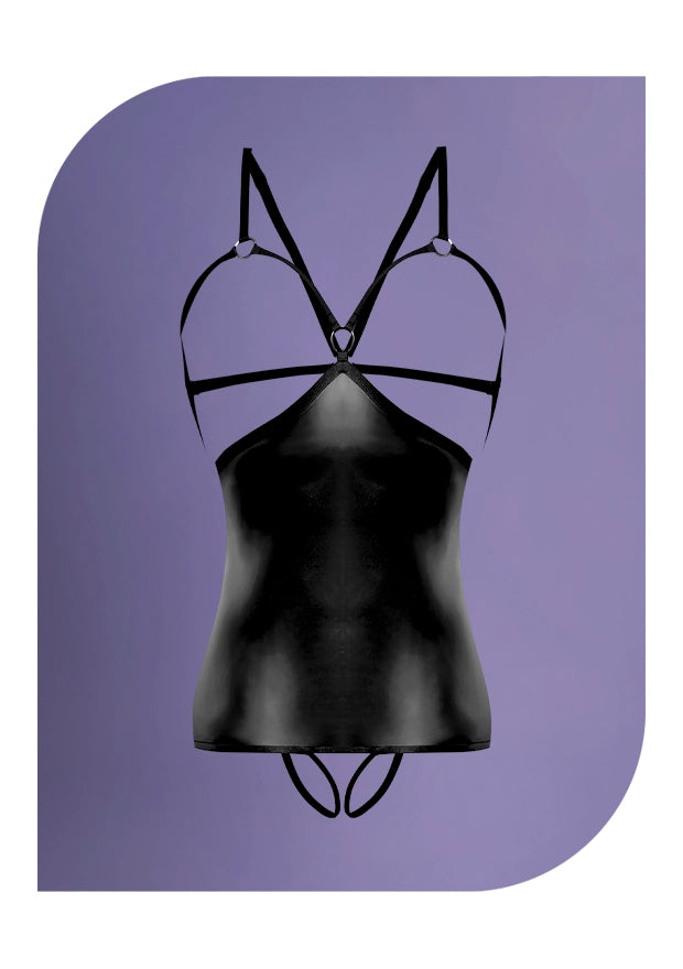 Exposed Lingerie Matte Onyx Cupless Chemise with Attached Crotchless Panty in Size Medium