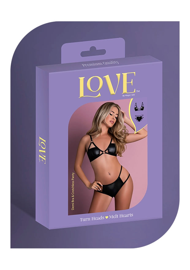 Exposed Lingerie Matte Onyx Demi Bra and Crotchless Panty Set L/XL