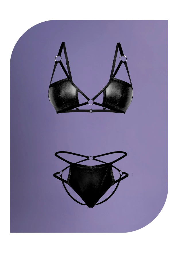 Exposed Lingerie Matte Onyx Black Demi Bra and Crotchless Panty Set S/M