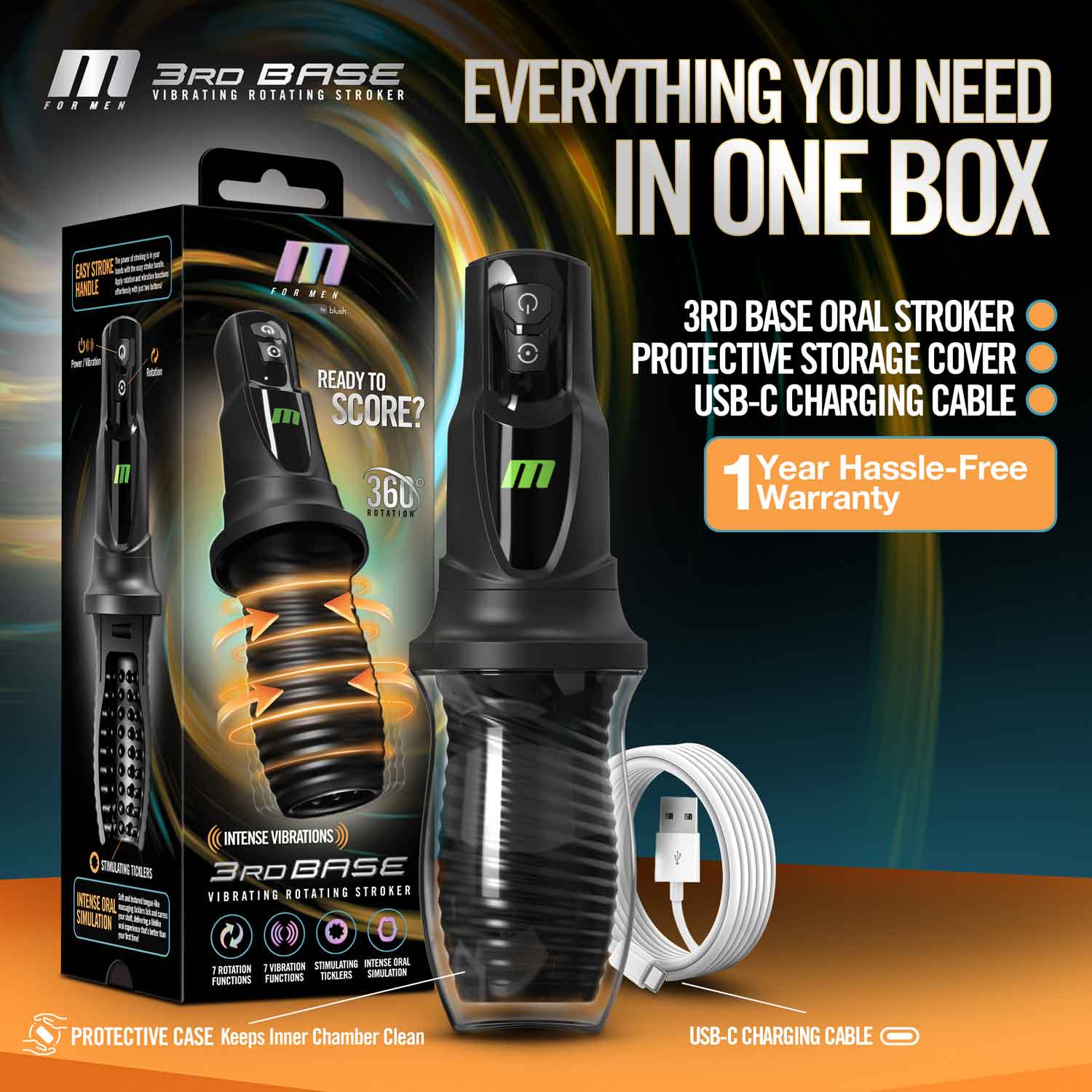 M For Men 3rd Base Oral Stroker Black Ergonomic Handle > Sex Toys For Men > Masturbators > Vibrating