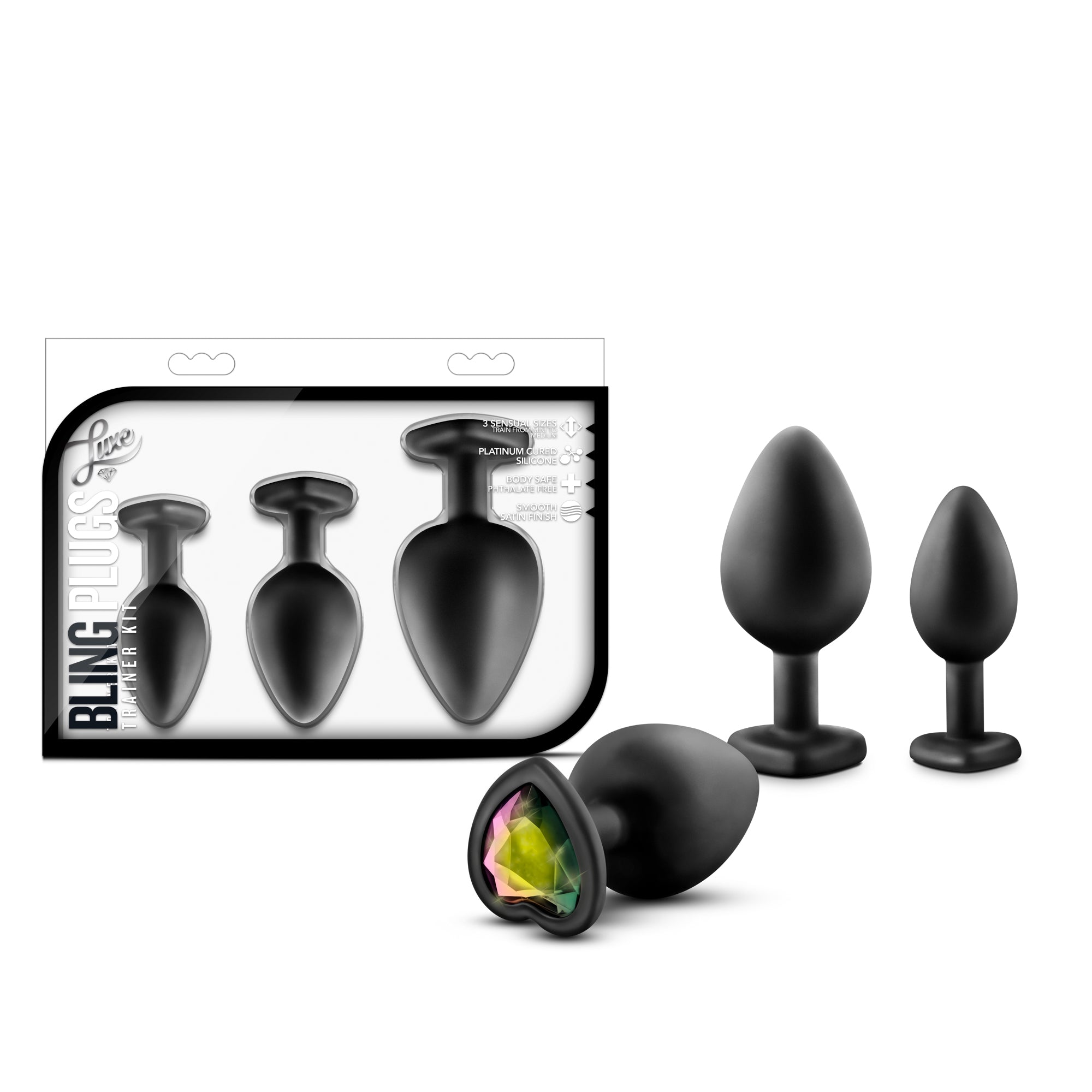 Luxe Bling Plugs Training Kit Black With Rainbow Gems 3 Sizes > Anal Range > Butt Plug Kits