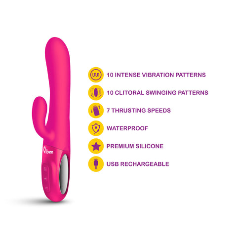 Viben Hypnotic Thrusting Rabbit Vibrator with Swinging Clitoral Stimulator in Hot Pink VIBRATORS-RABBIT