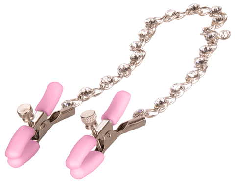 Nipple Play Crystal Chain Adjustable Nipple Clamps with Pink Silicone Coating and Sparkling Crystals Nipple Clips