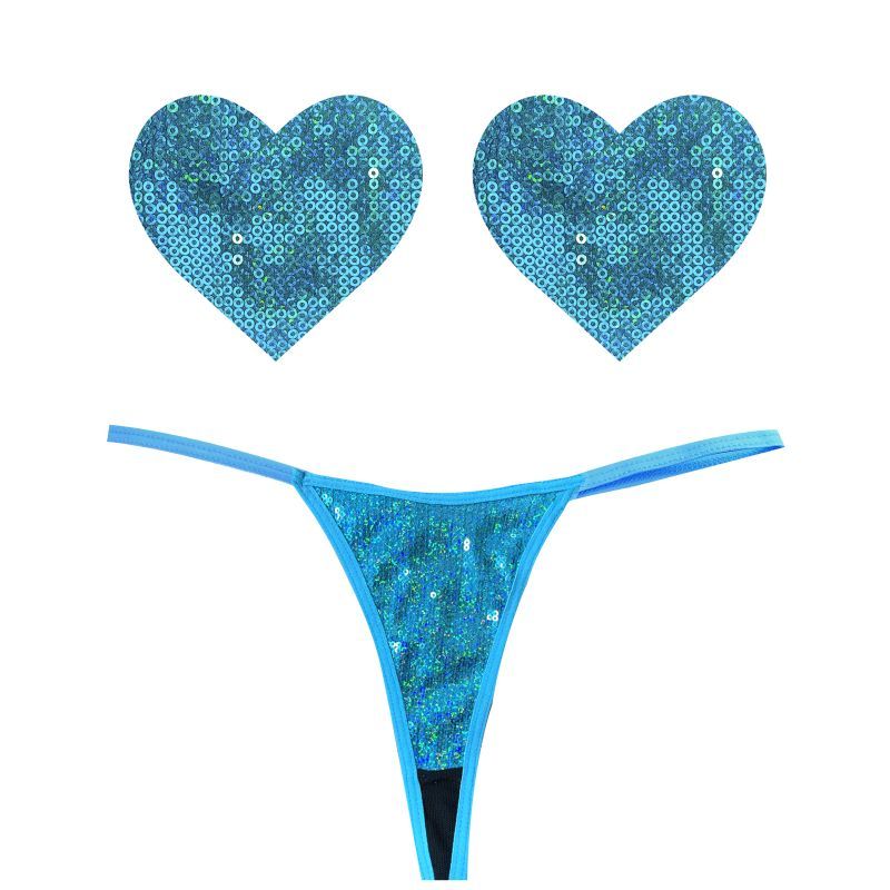 Mahi Mahi Blue Sequin G-String and Heart Pastie Set > Clothes > Pasties Main image
