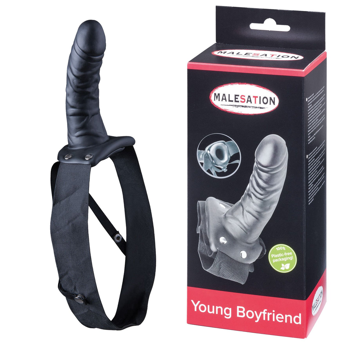 Malesation Young Boyfriend Black PVC Hollow Penis Prosthesis 7 Inch with Adjustable Straps Up to 120 cm > Dildos > Hollow Strap Ons