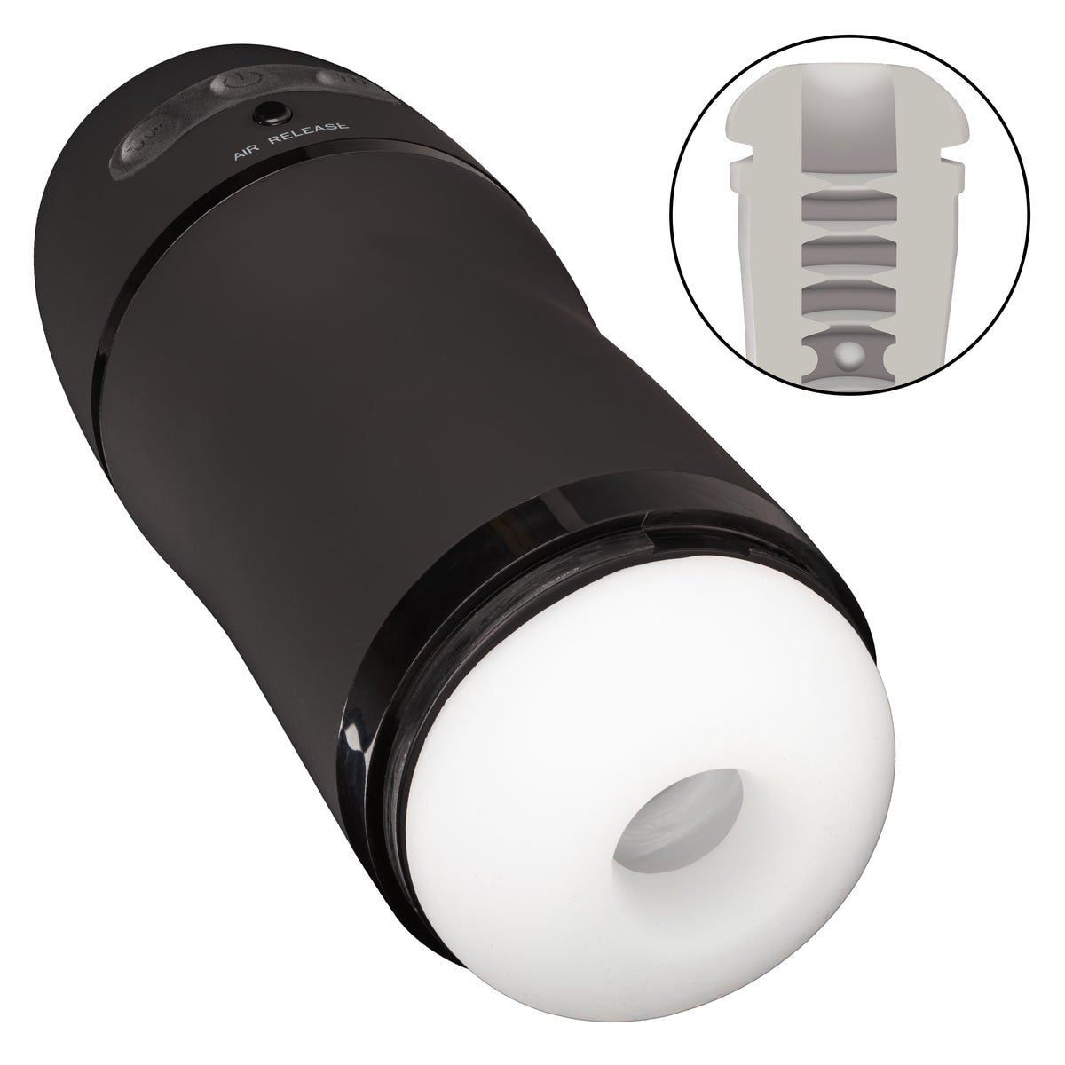 Optimum Power Pulsar Stroker Black Vibrating Masturbator with Suction and Textured Sleeve