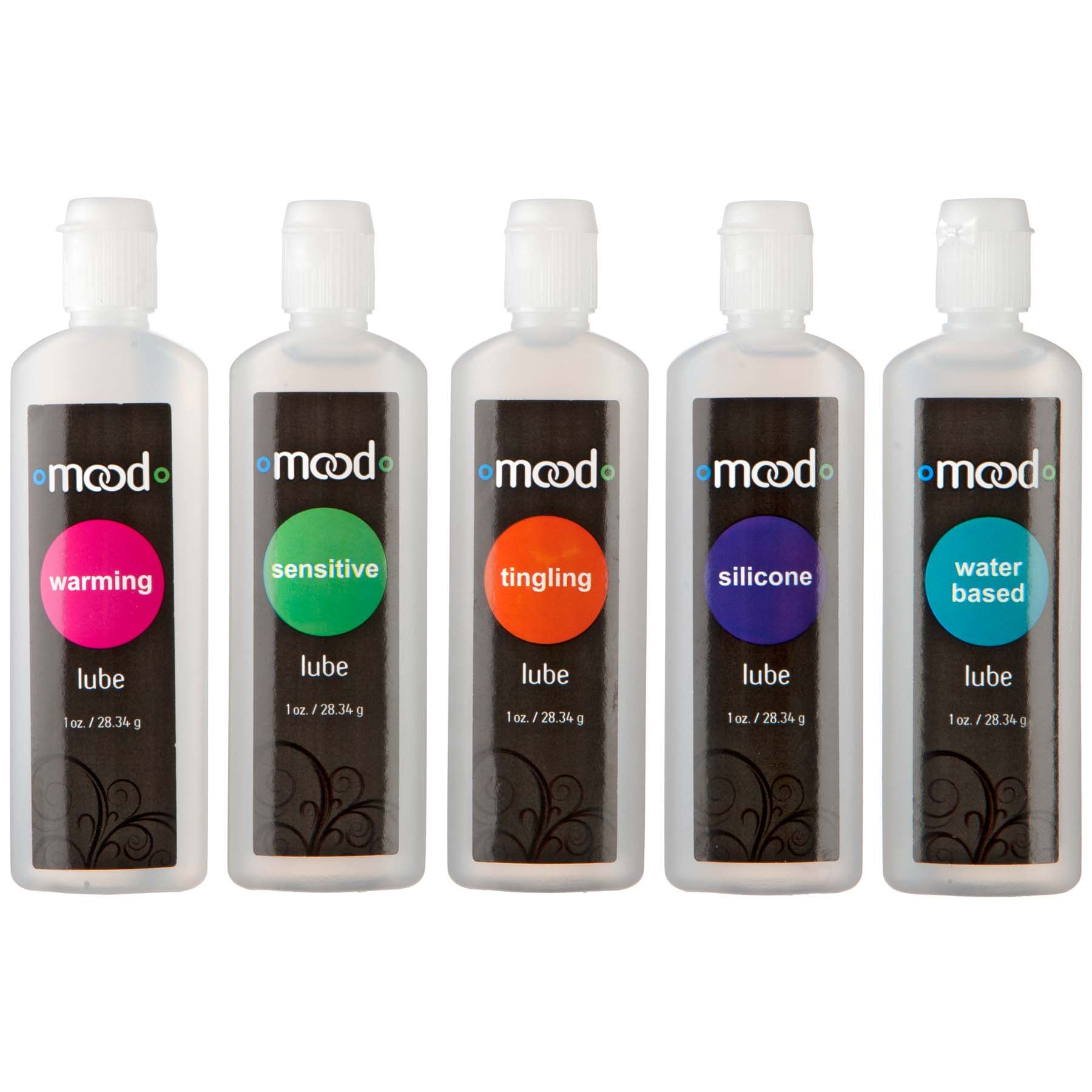 Mood Lubes 5 Pack 1oz Bottles Water Based Sensitive Tingling Silicone and Warming Lubricants with Portable Pouch Silicone Lubricant