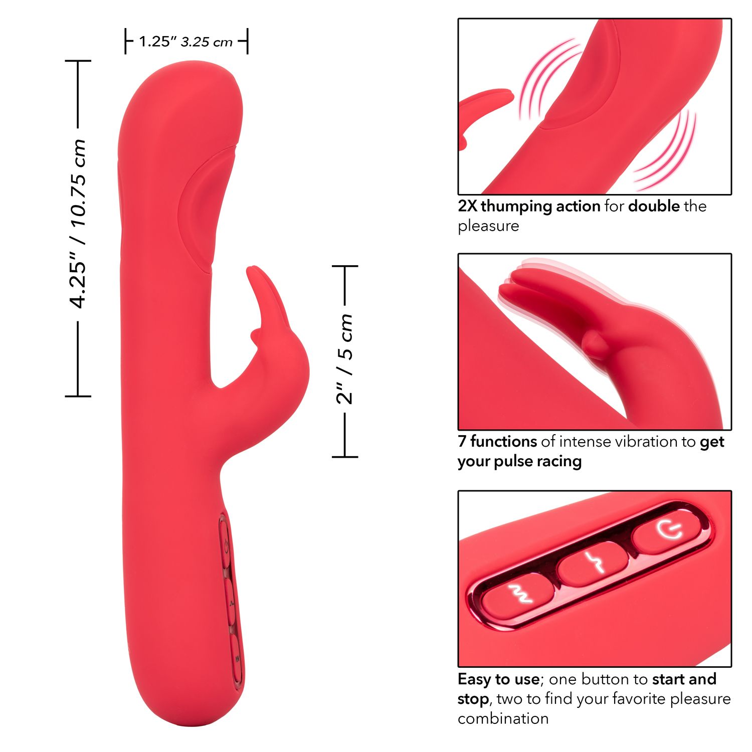 Throb Pulse Red Silicone Rabbit Vibrator with Double Thumping Action and 7 Vibration Functions > Vibrators > Ladies > Rabbit