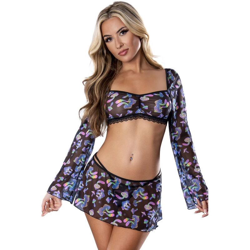 Exposed Mushroom Crop Top Skirt and G-String Set (Blacklight Reactive) – Lingerie Set > Clothes > Dresses and Chemises Main image