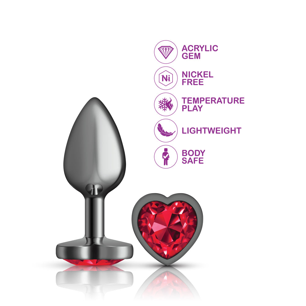 Cheeky Charms Gunmetal Butt Plug with Heart Red Jewel Small > Anal Range > Jewel Butt Plugs