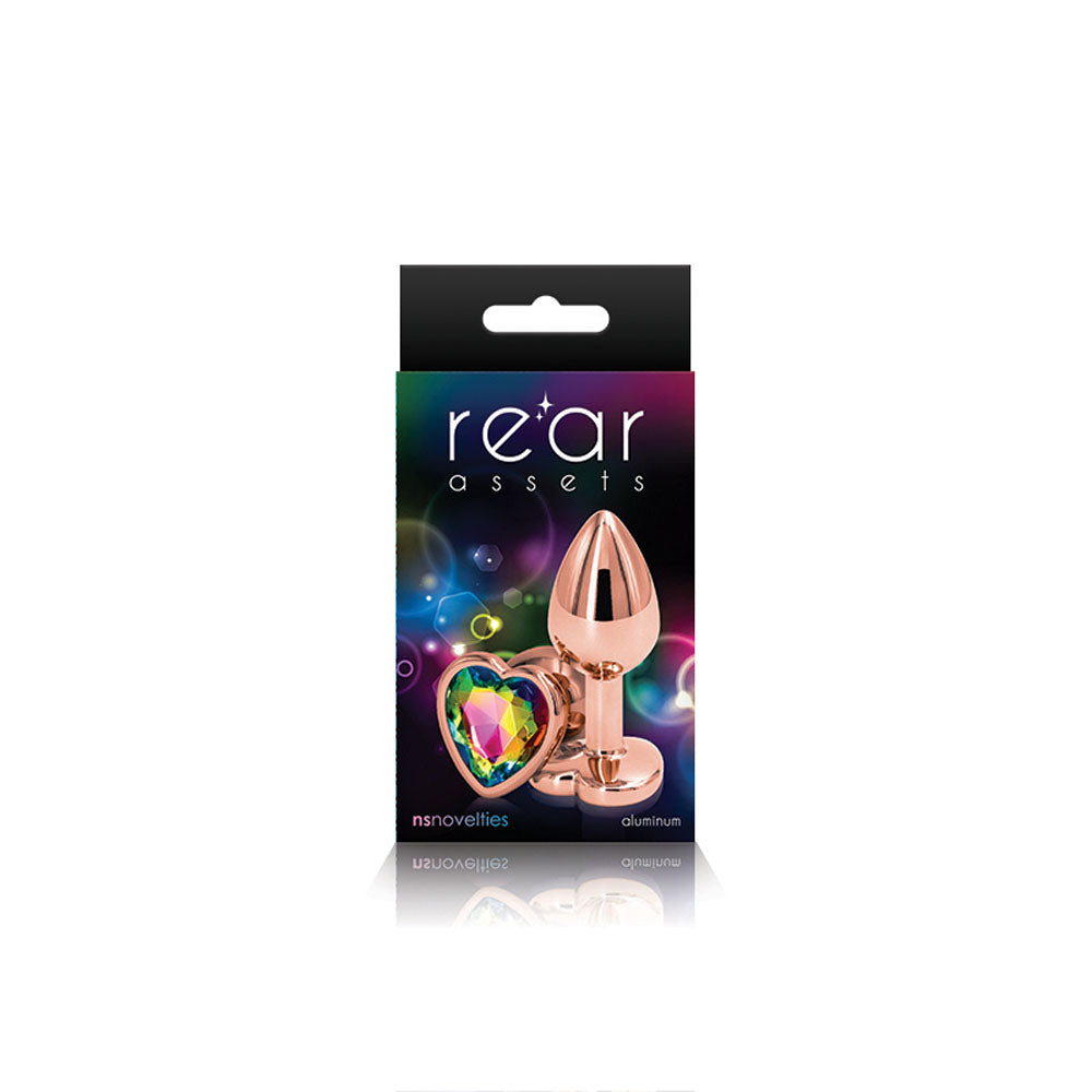 Rear Assets Rose Gold Small Metal Butt Plug with Rainbow Heart Gem Base – Lightweight Butt Plug Gold > Anal Range > Jewel Butt Plugs