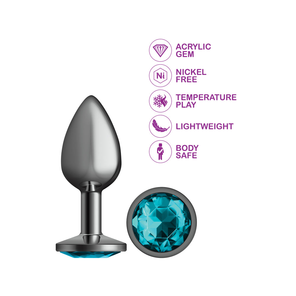 Cheeky Charms Gunmetal Round Butt Plug with Teal Jewel Medium > Anal Range > Jewel Butt Plugs