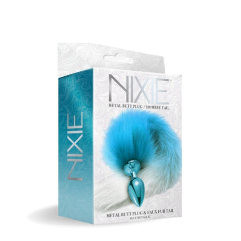 NIXIE Metal Butt Plug With Tail Metallic Blue 15 Inch Super Soft Hombre Tail 3.2 x 2.4 Inch Plug Tails