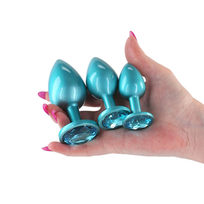 Rear Assets Trainer Kit – Set of 3 (Small 2.79", Medium 3.23", Large 3.74") Chrome-Plated Butt Plugs > Anal Range > Jewel Butt Plugs