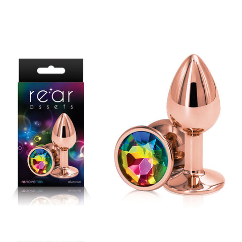 Rear Assets Rose Gold Small Metal Butt Plug with Rainbow Gem Pink Small > Anal Range > Jewel Butt Plugs