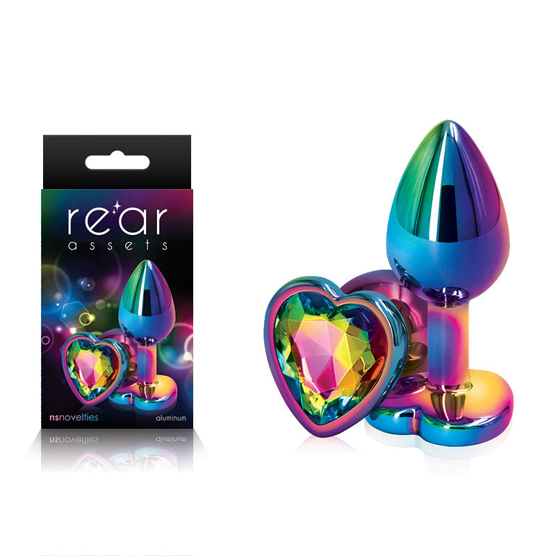 Rear Assets Multi  Heart - Multi  Small Metal Butt Plug with Rainbow Heart Gem Base