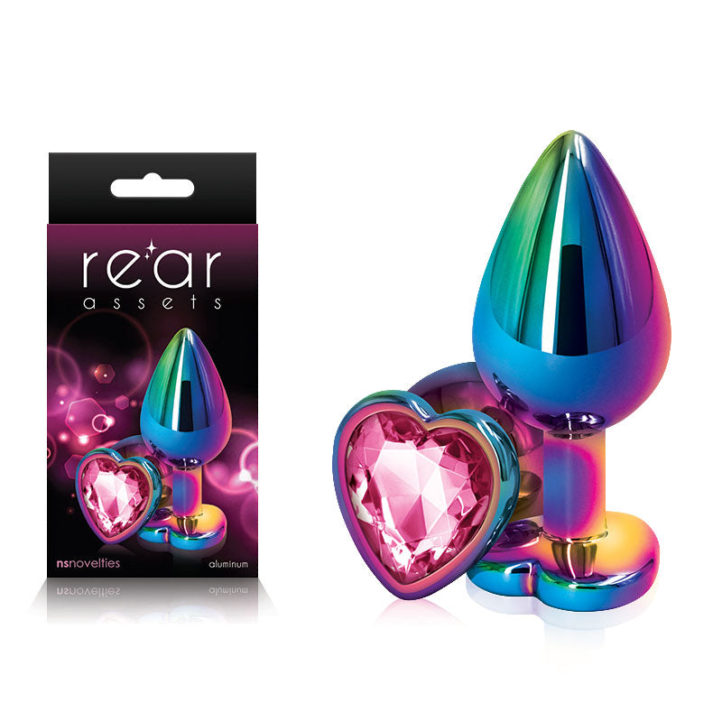 Rear Assets Multi  Heart - Multi  Medium Metal Butt Plug with Pink Heart Gem Base