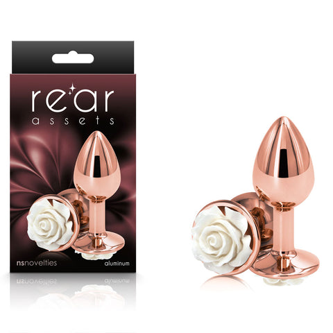 Rear Assets Rose Small 7.6 cm Metal Butt Plug White Rose Base Rose Gold > Anal Range > Jewel Butt Plugs