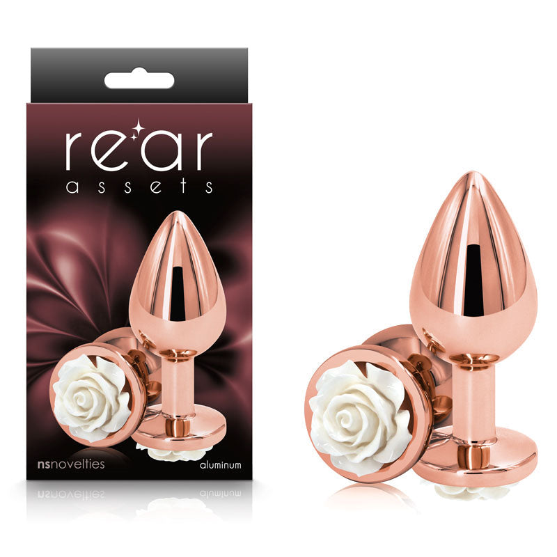 Rear Assets Rose Base Metal Butt Plug Rose Gold White Medium > Anal Range > Jewel Butt Plugs