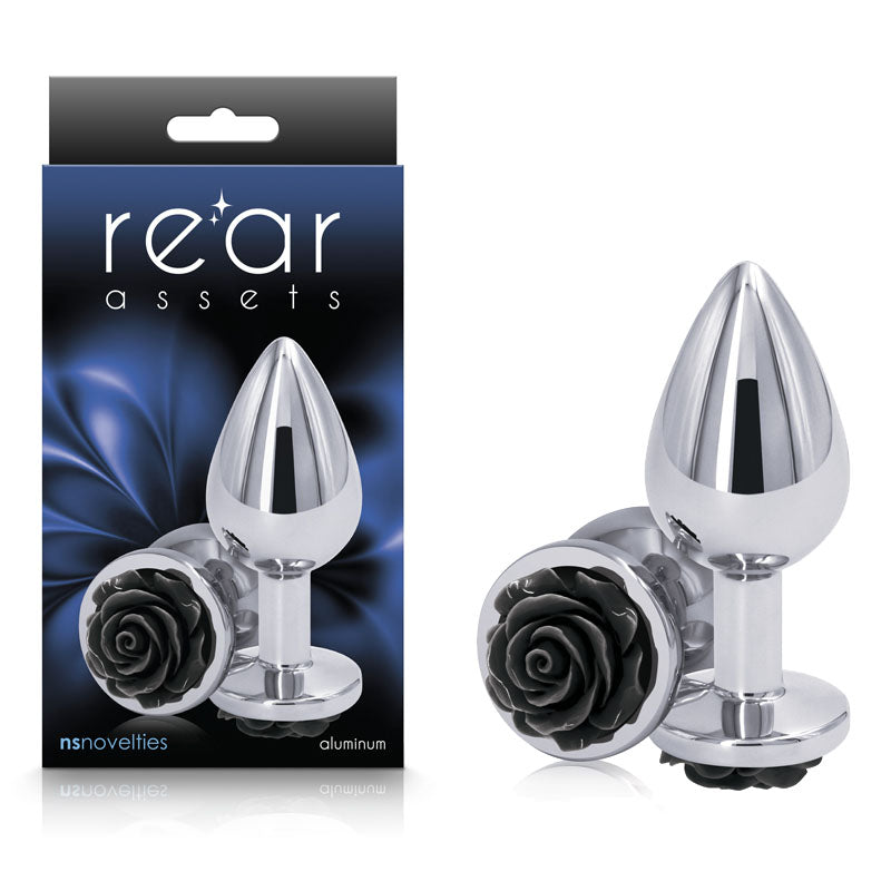 Rear Assets Rose - Medium -  8.9 cm Metal Butt Plug with Black Rose Base