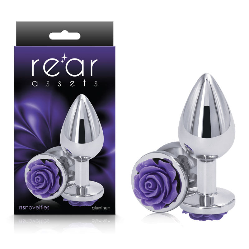 Rear Assets Rose Medium 8.9 cm Metal Butt Plug with Purple Base > Anal Range > Jewel Butt Plugs