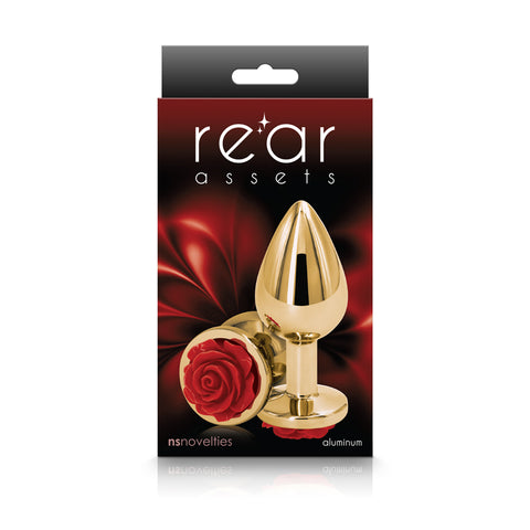 Rear Assets Rose Medium Gold 8.9 cm Metal Butt Plug with Rose Base > Anal Range > Jewel Butt Plugs