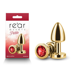 Rear Assets Petite - Gold with Red Gem - Gold 6 cm Metal Butt Plug with Red Round Gem Base