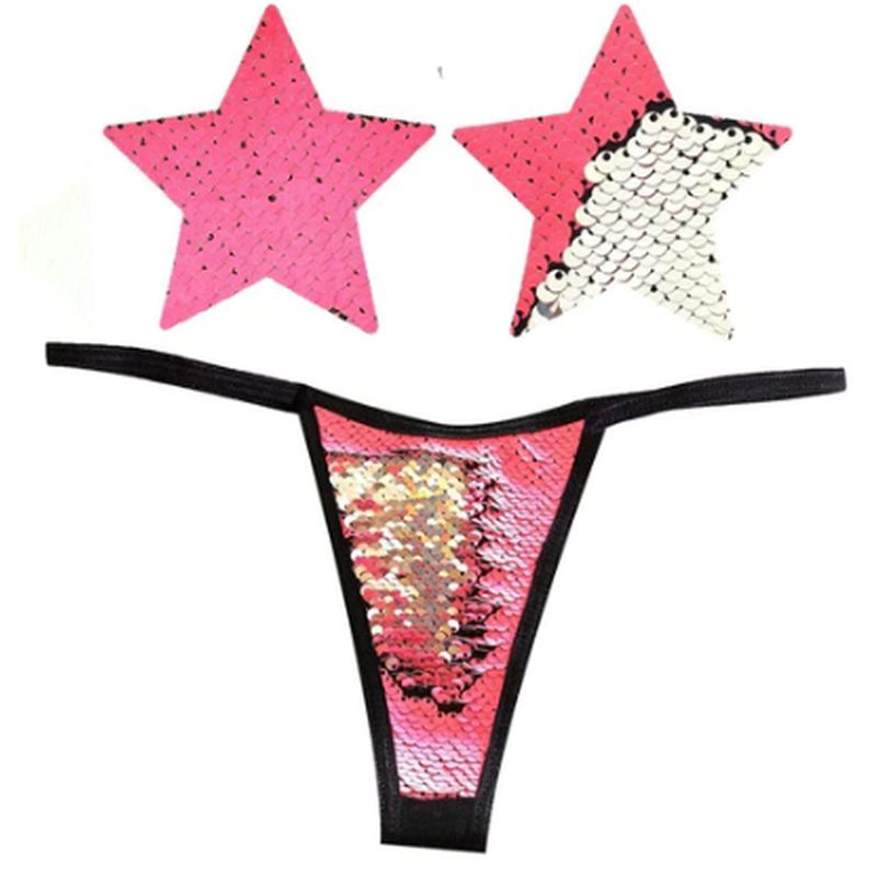 Neon Pink and Silver Blacklight Sequin Pastie and Panty Set Secondary image